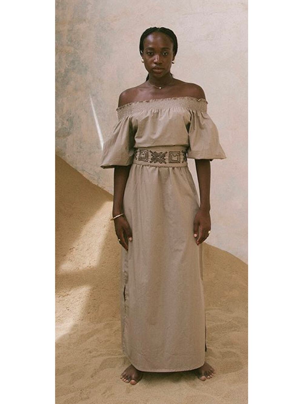 NEW Phie Collective Cotton Embroidered Maxi Dress in Beige Size XS